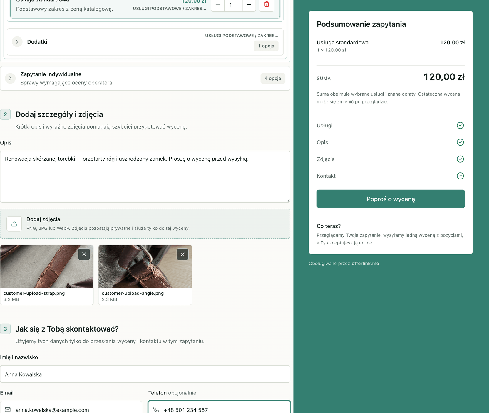 Formularz offerlink.me po polsku: klient dodaje opis i dwa zdjęcia uszkodzonego paska skórzanej torby, a podsumowanie po prawej potwierdza komplet - usługi, opis, zdjęcia, kontakt