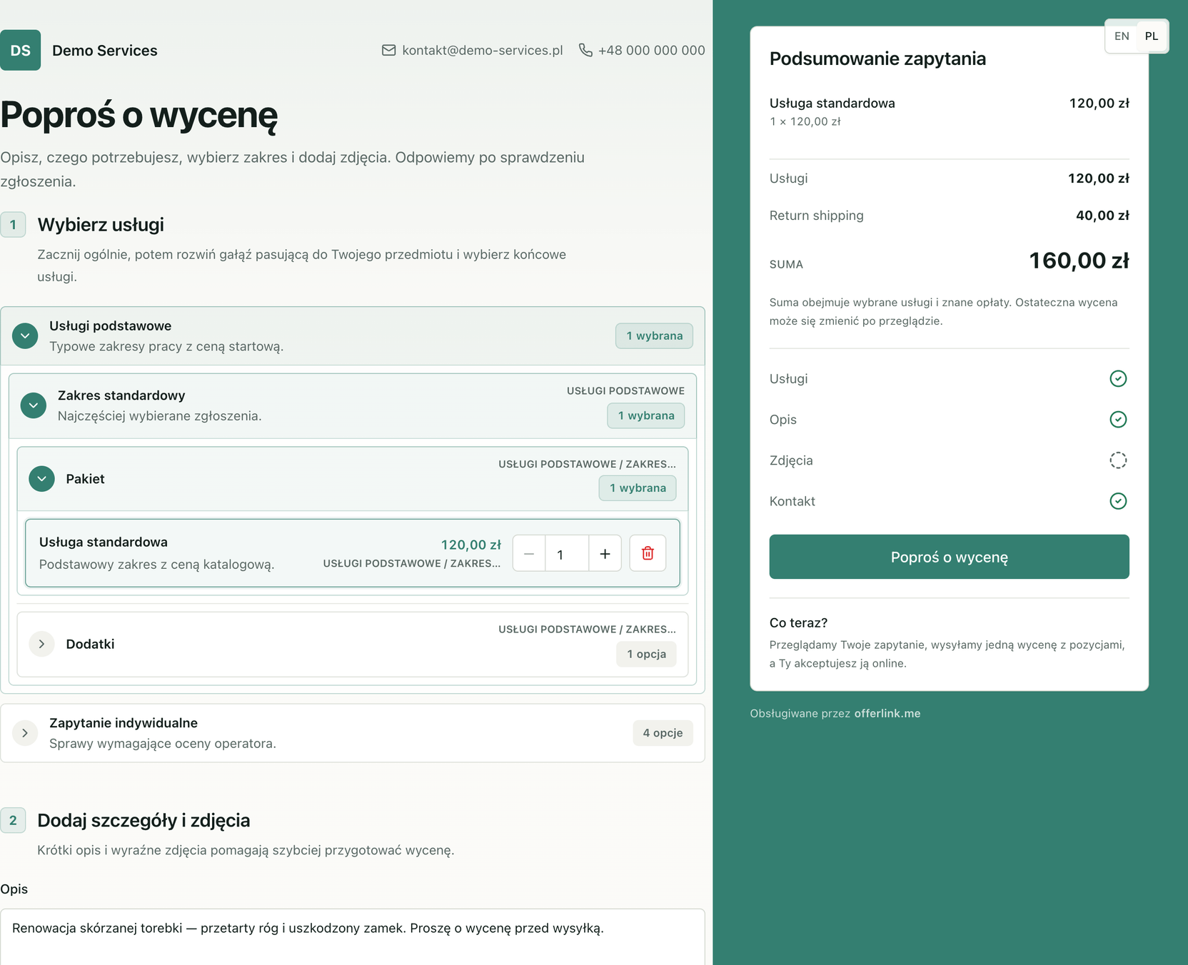Hostowany formularz wyceny offerlink.me po polsku: katalog usług z cenami, kolejka i wstępny szacunek zamiast prostego formularza Google