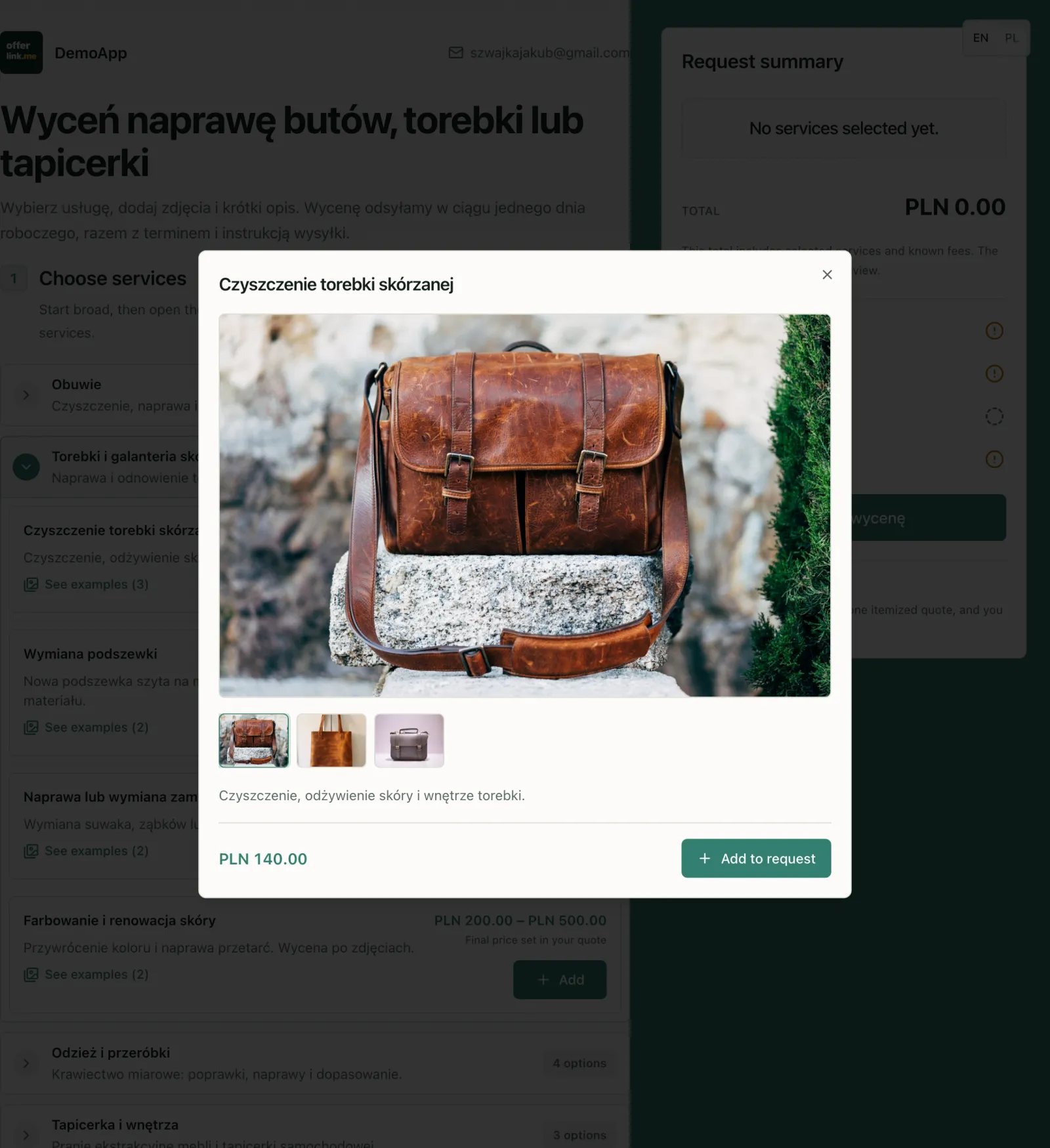 A workshop price list with a “See examples” link on every service and an open window showing photos for leather bag cleaning at 140.00