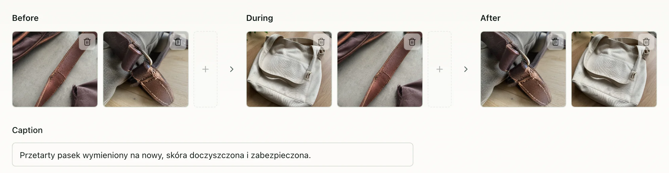 The entry editor in the workspace: Before, During and After columns holding photos of a leather bag, with a caption field