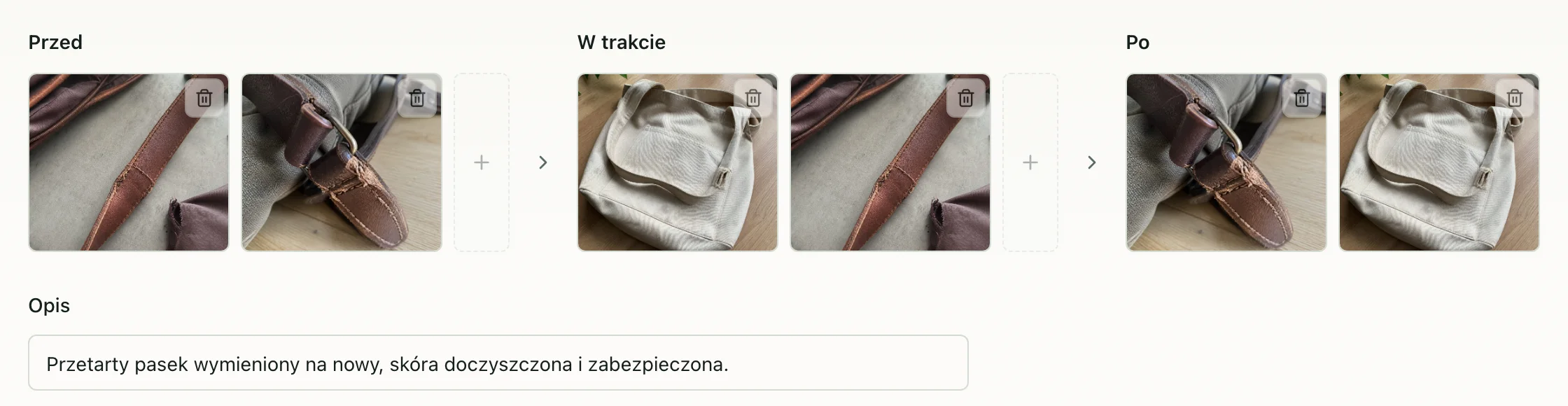 Edytor wpisu w panelu: kolumny Przed, W trakcie i Po ze zdjęciami torebki oraz pole opisu