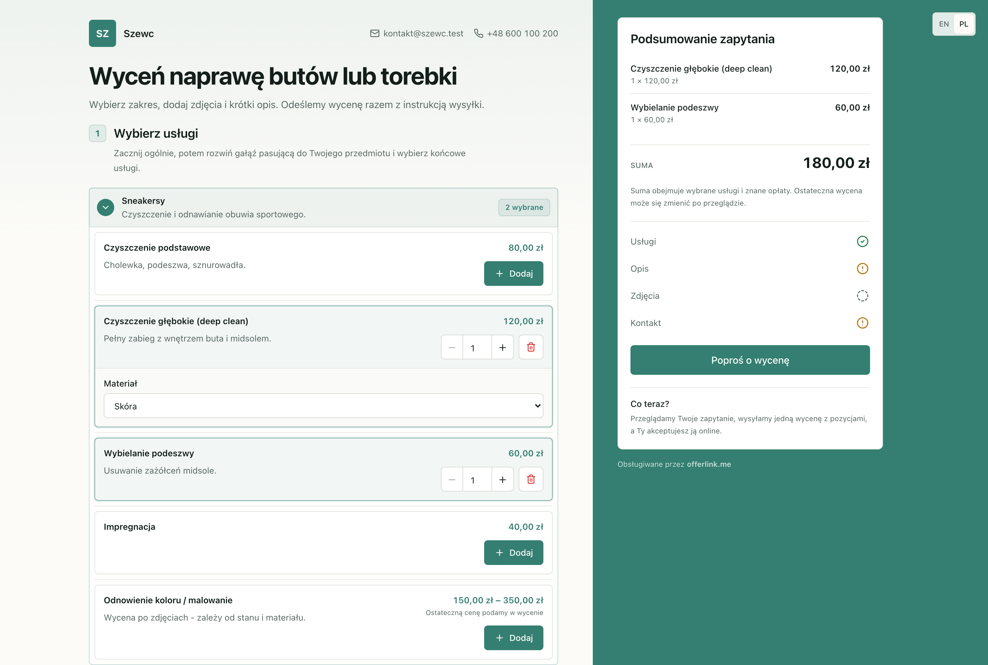 Hosted form showing service prices and a running request total