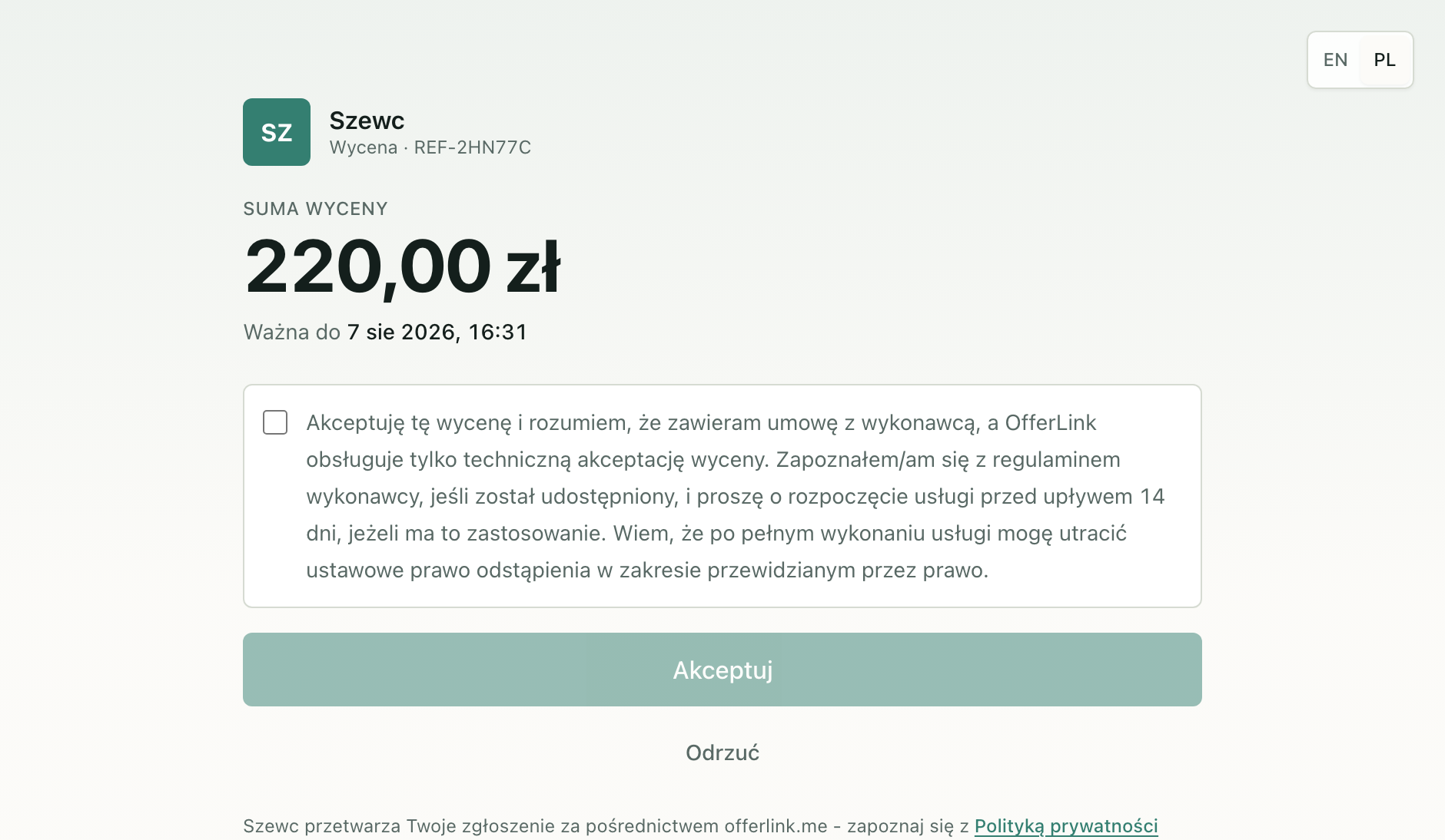 Customer quote page totalling PLN 220.00 with accept or decline