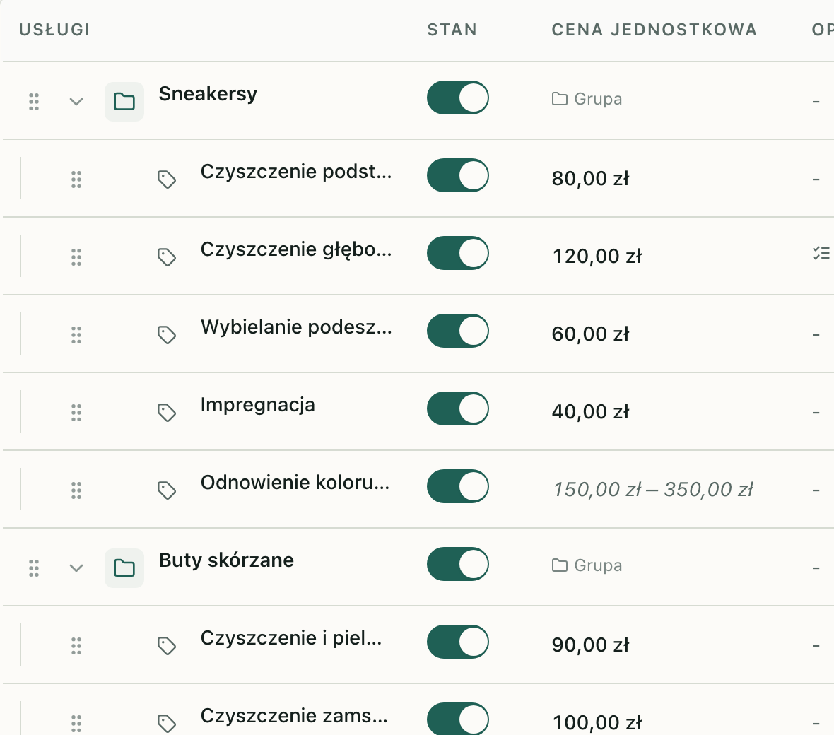 Operator service catalog with a unit price column and price ranges