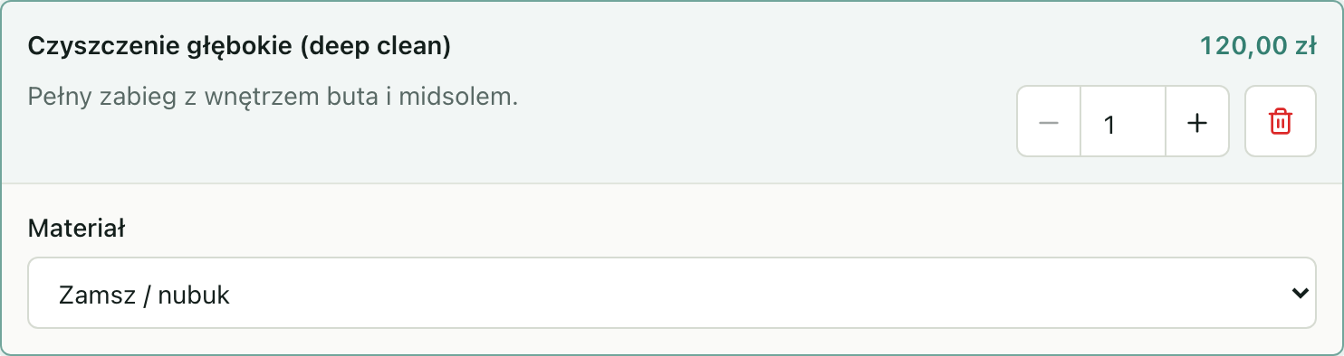 A selected PLN 120.00 service with a material question answered “suede / nubuck”
