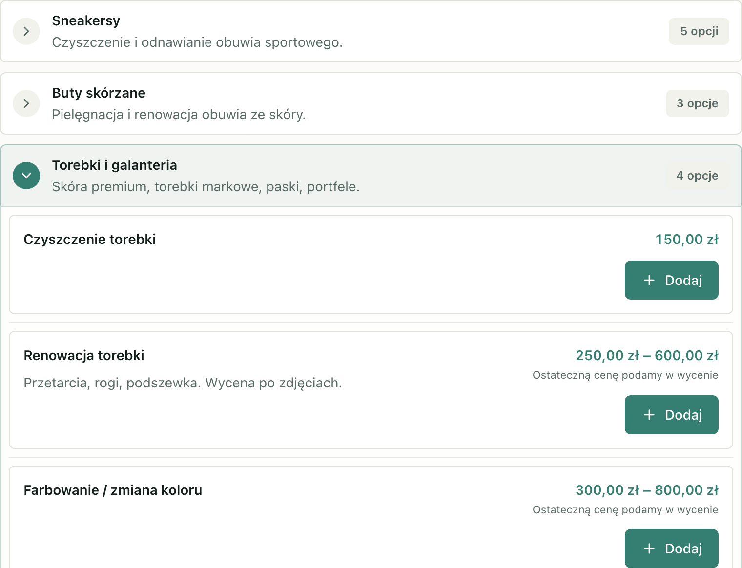 Public price list showing a fixed price and a price range