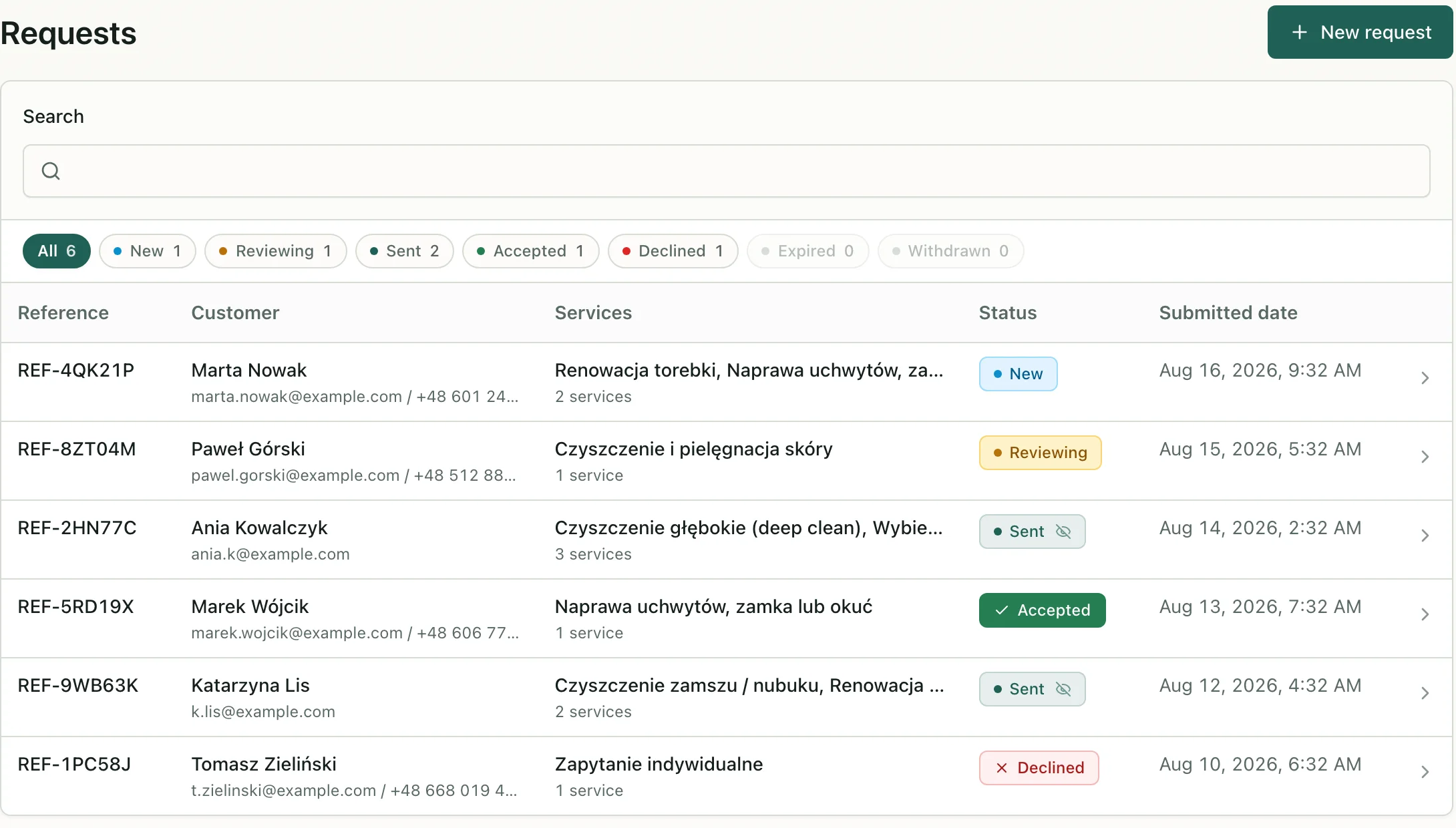 The request list in the workspace: six rows with a number, customer, services and the statuses New, In progress, Sent, Accepted and Declined