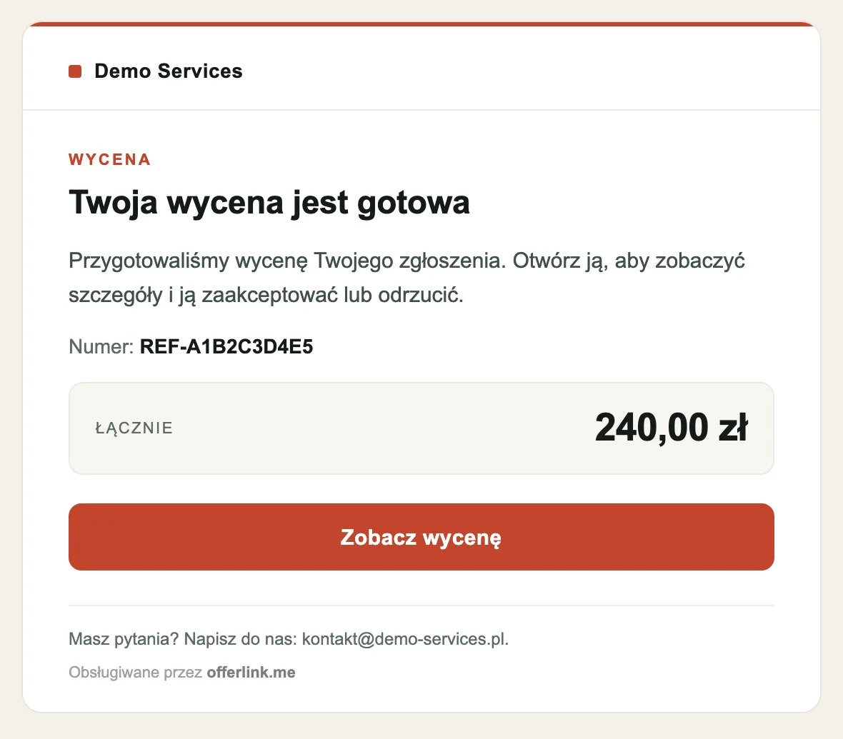 Mail „Twoja wycena jest gotowa” z ceglastym przyciskiem i sumą 240,00 zł