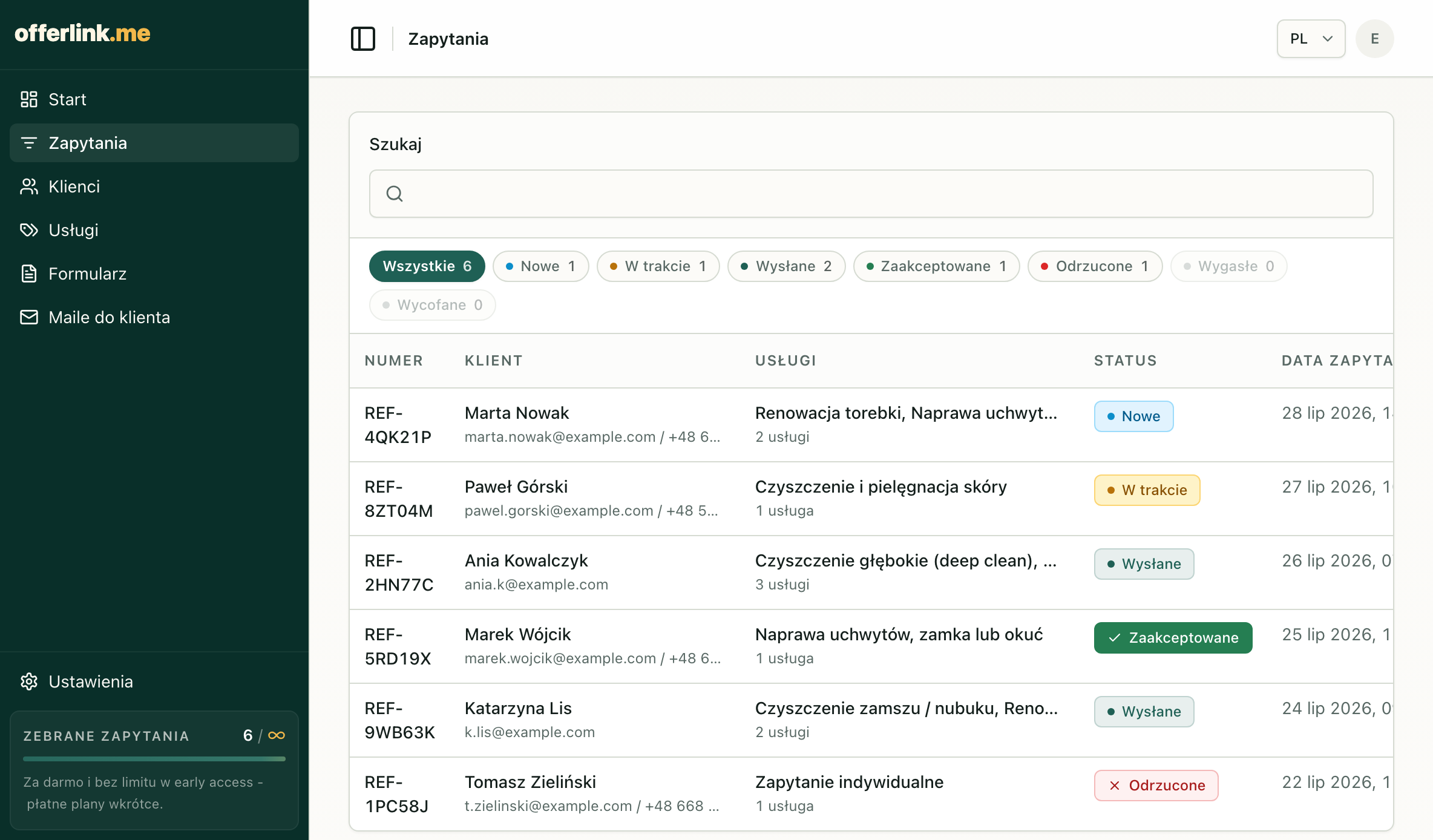 Operator queue: reference, customer, services, status and date in one list