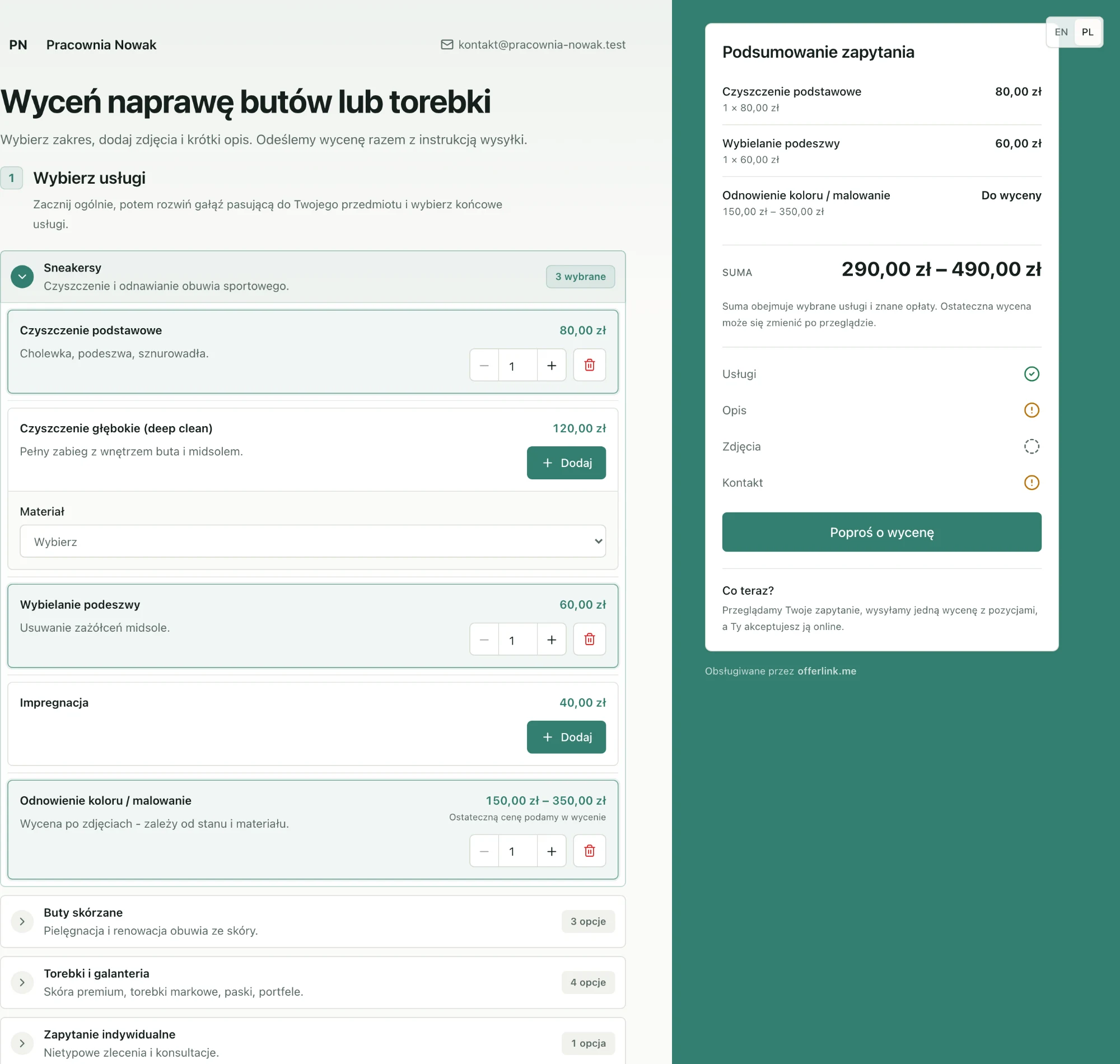 A workshop's public page: header with contact, three chosen services with prices and a 290.00-490.00 zl total